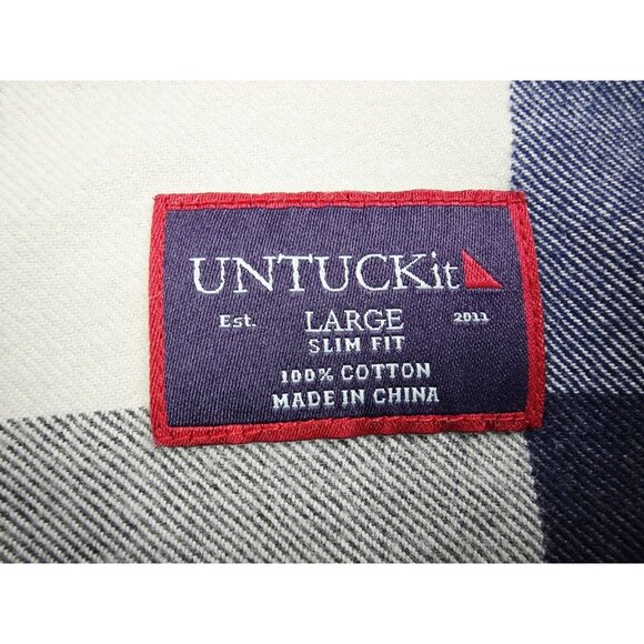 Untuckit Slim Fit Size Large Men Blue White Gray Check Flannel Long Sleeve Shirt - Picture 4 of 9